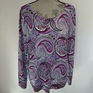Talbots Pure Merino Wool Purple Paisley LS Round Neck Pullover Sweater Top Sz L
